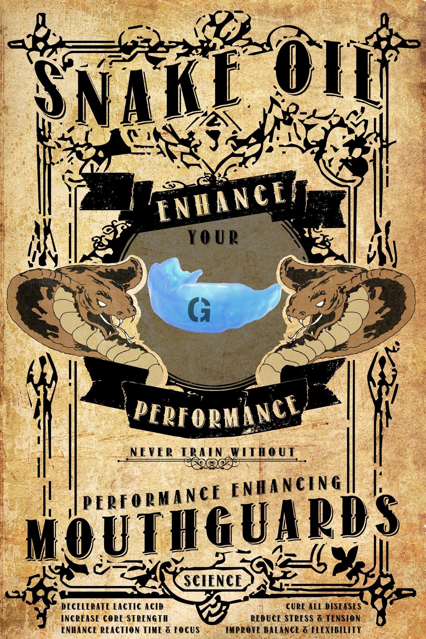 Vintage-style ad for performance-enhancing mouthguards