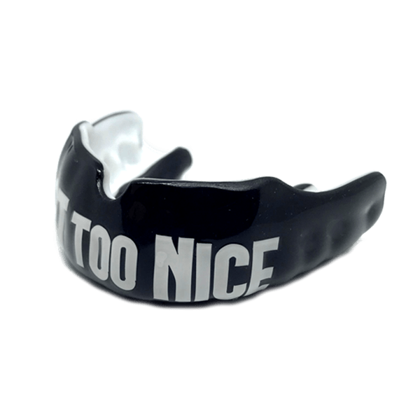 Black mouthguard with 'Too Nice' text
