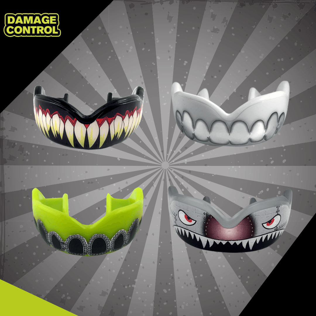 Four Damage Control mouthguards with unique designs