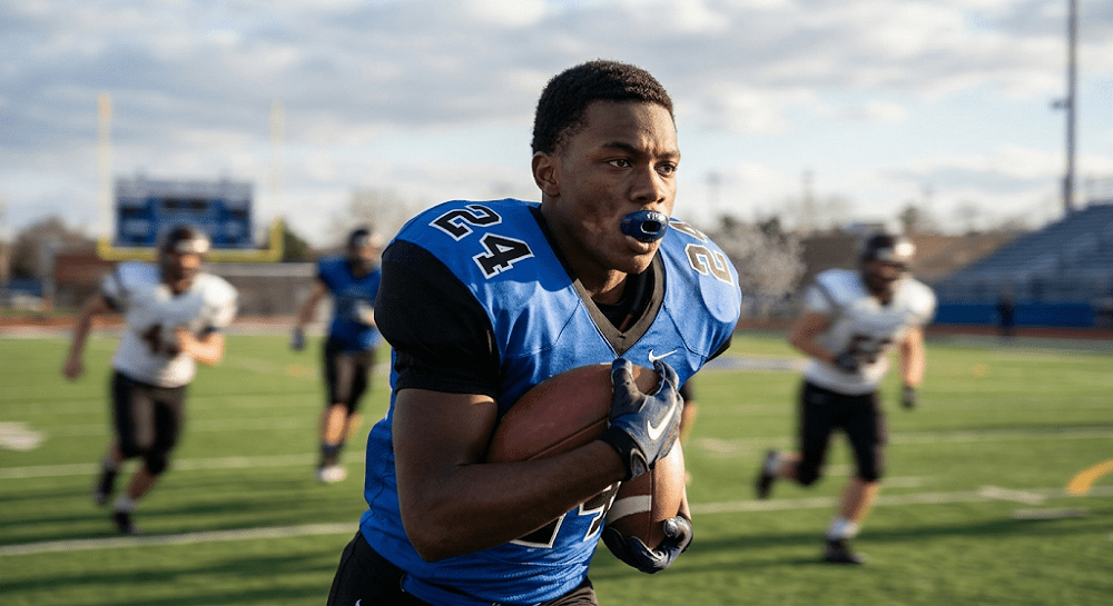 A dynamic close-up shows a football player running hard on the field
