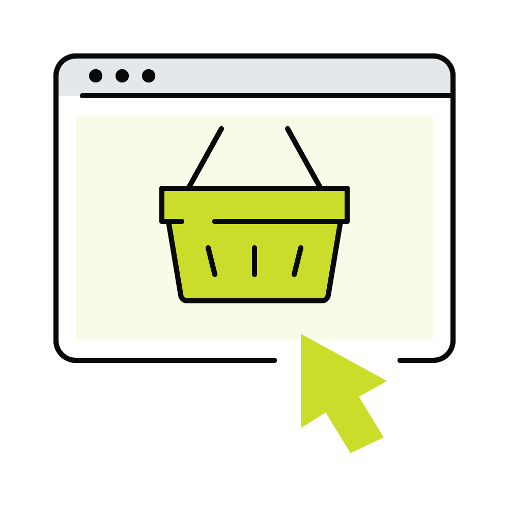 Online shopping icon with a shopping basket and a cursor
